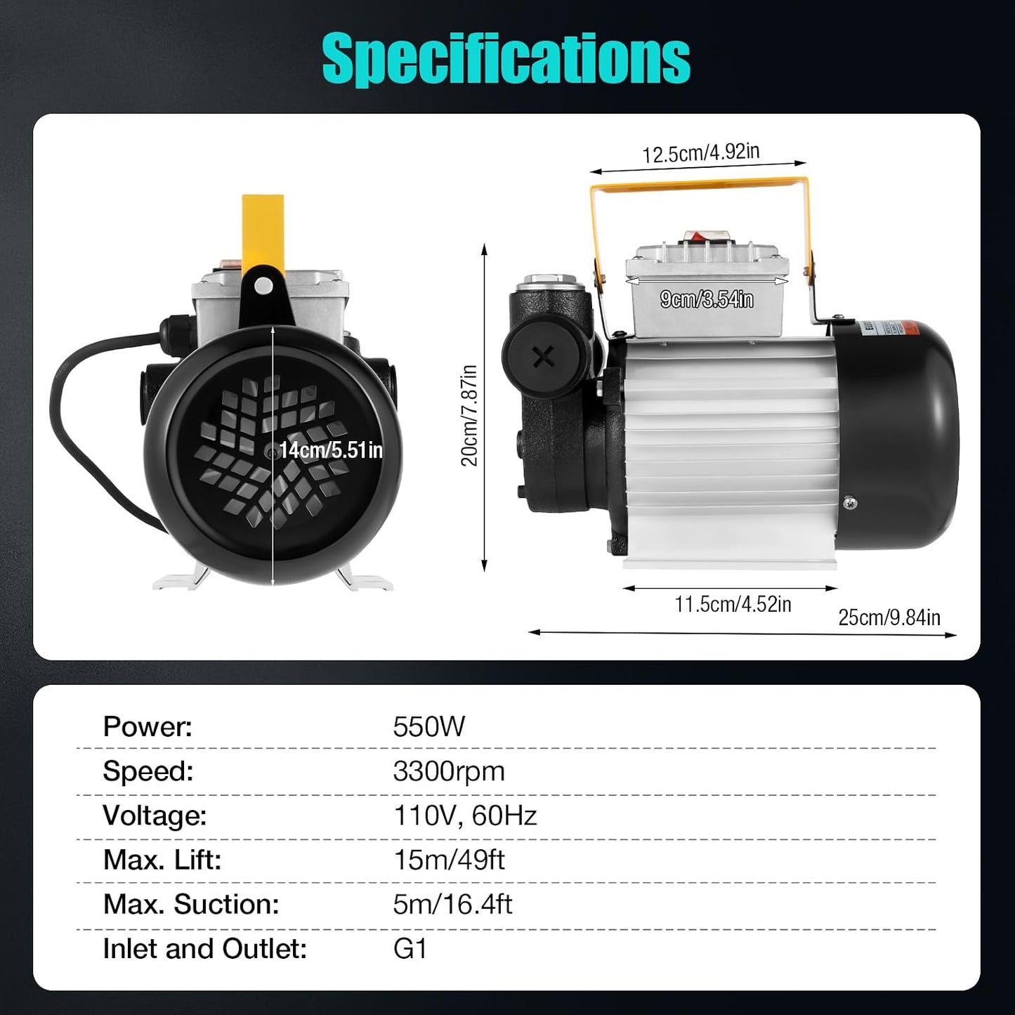 110V AC Self-Priming Electric Transfer Pump – 550W Motor, 3300rpm, 5.28–15.85 Gal/Min Flow Rate